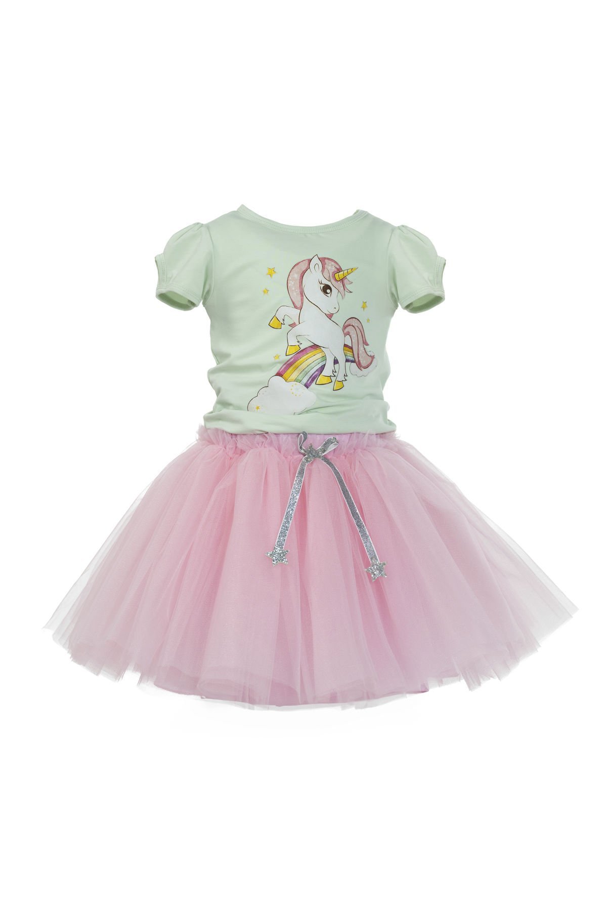 Unicorn Baskılı Kısa Kol Body Ve  Kabarık Tütü Etek Ikili Takım / Yeşil-Pembe