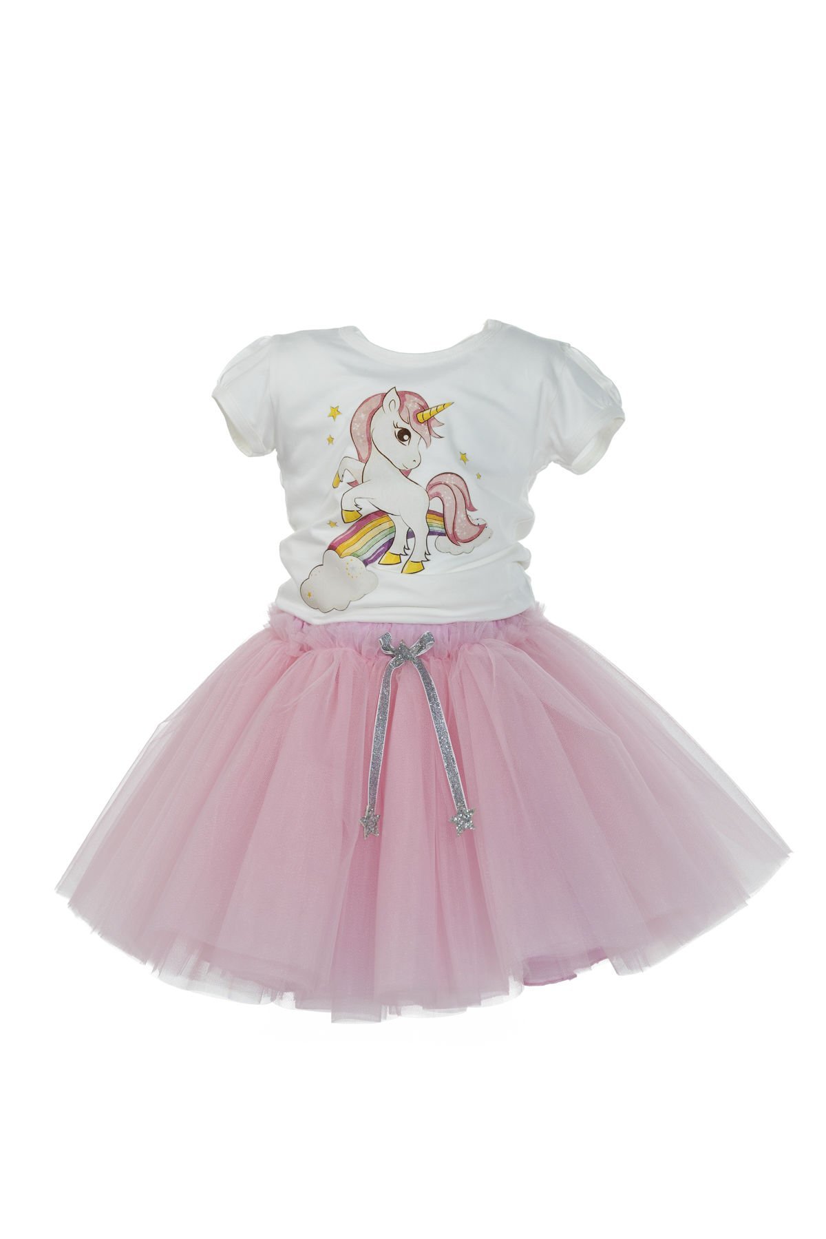 Unicorn Baskılı Kısa Kol Body Ve  Kabarık Tütü Etek Ikili Takım / Beyaz-Pembe