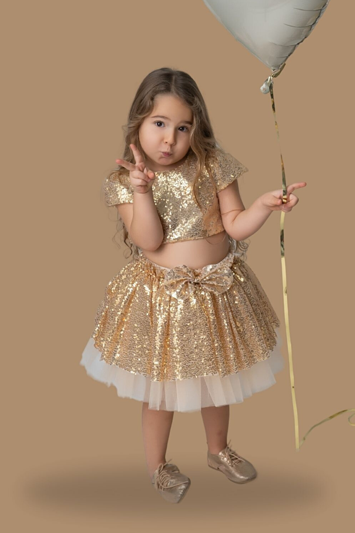 Parıltılı Pullu Crop & Etek İkili Takım-Gold Sarı