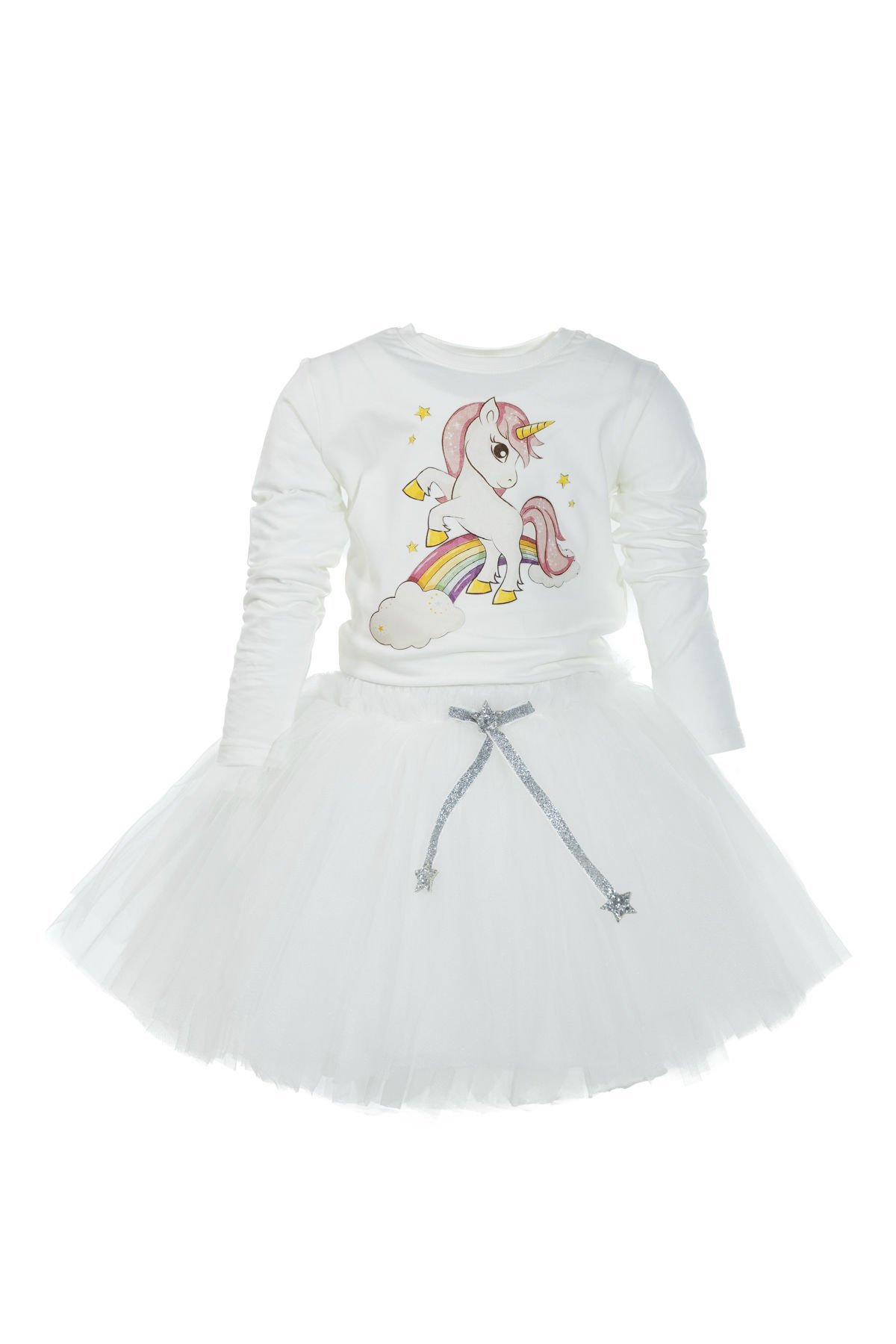 Unicorn Baskılı Uzun Kol Body Ve  Kabarık Tütü Etek Ikili Takım / Beyaz-Beyaz