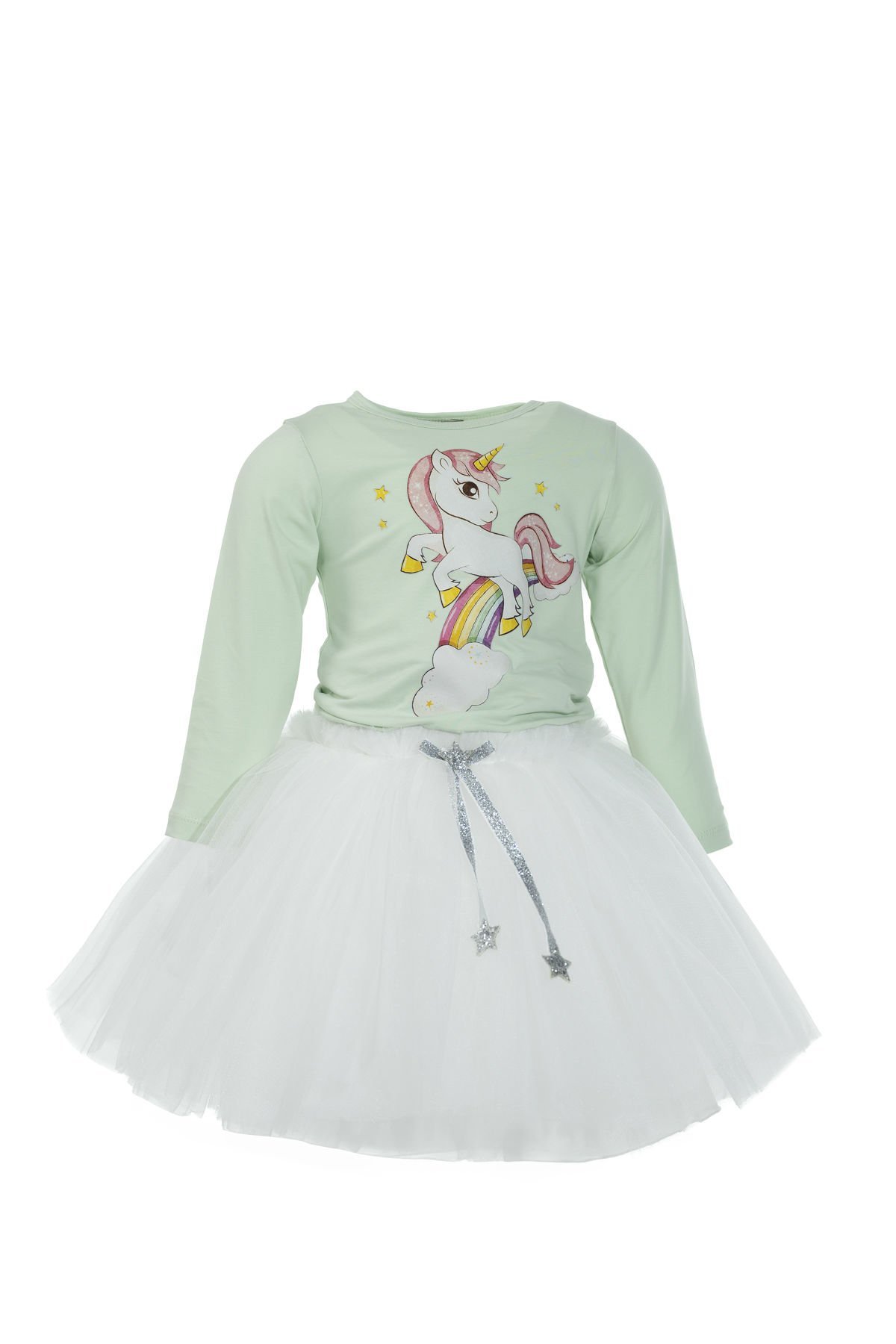 Unicorn Baskılı Uzun Kol Body Ve  Kabarık Tütü Etek Ikili Takım / Yeşil-Beyaz
