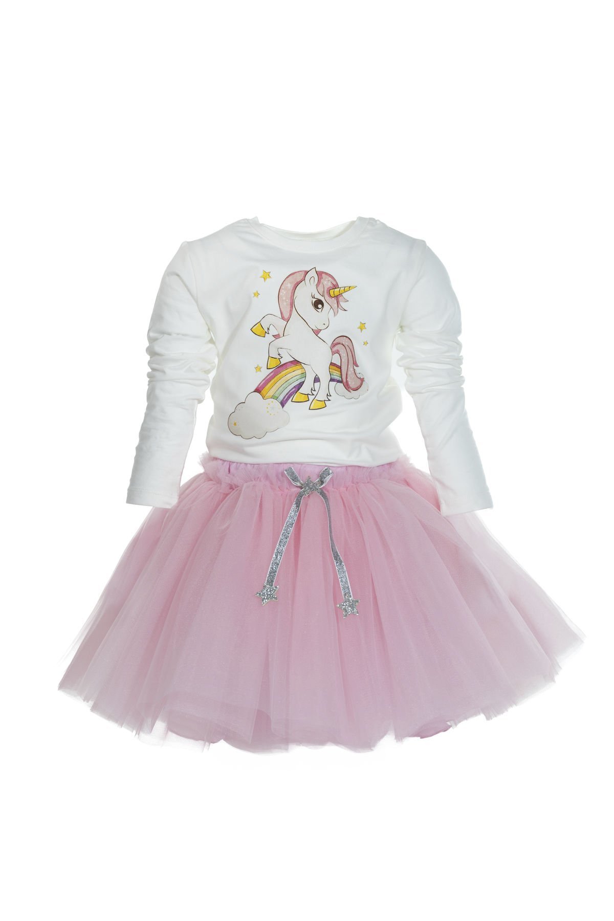 Unicorn Baskılı Uzun Kol Body Ve  Kabarık Tütü Etek Ikili Takım / Beyaz-Pembe