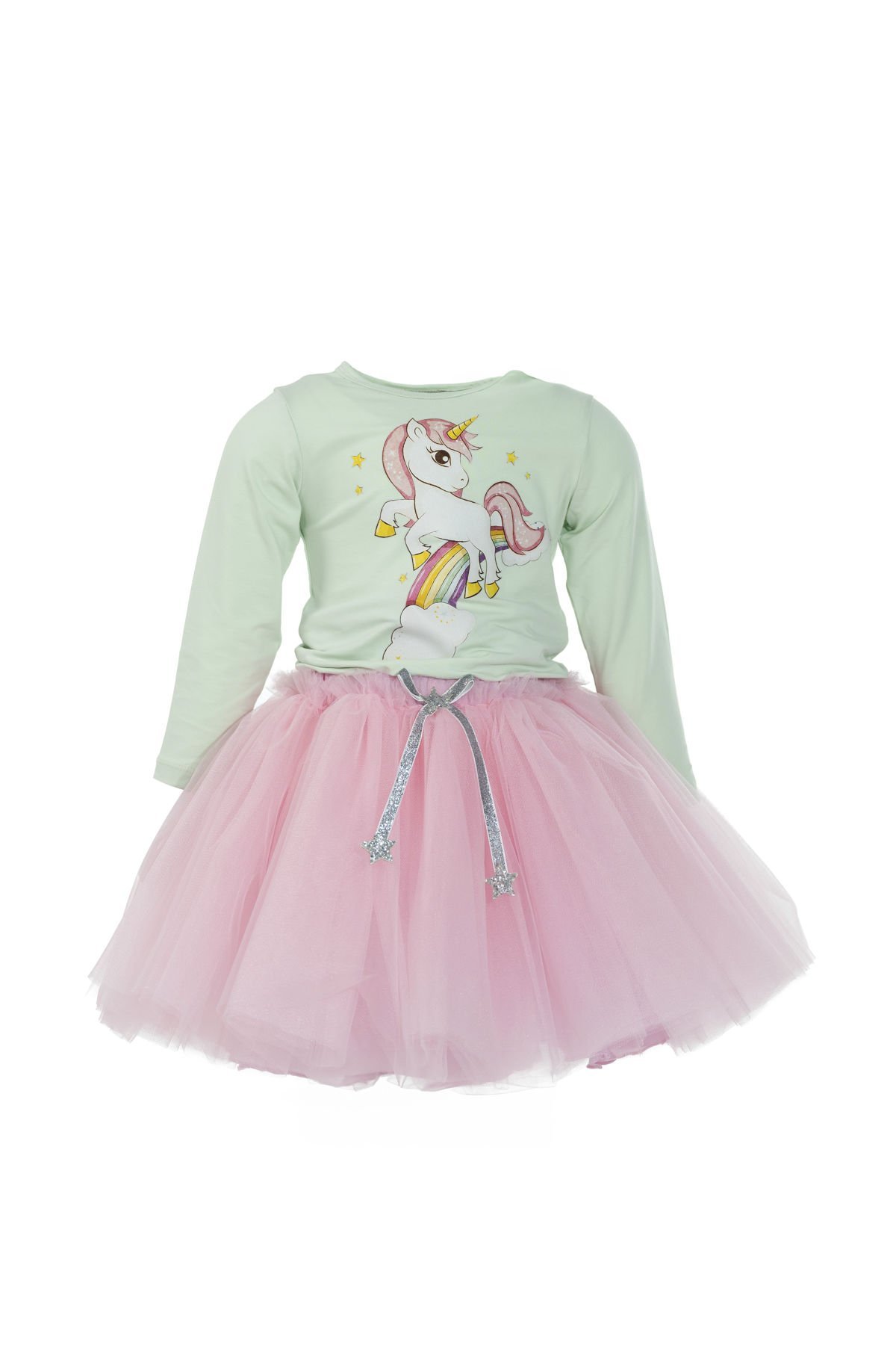 Unicorn Baskılı Uzun Kol Body Ve  Kabarık Tütü Etek Ikili Takım / Yeşil-Pembe