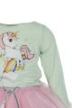 Unicorn Baskılı Uzun Kol Body Ve  Kabarık Tütü Etek Ikili Takım / Yeşil-Pembe