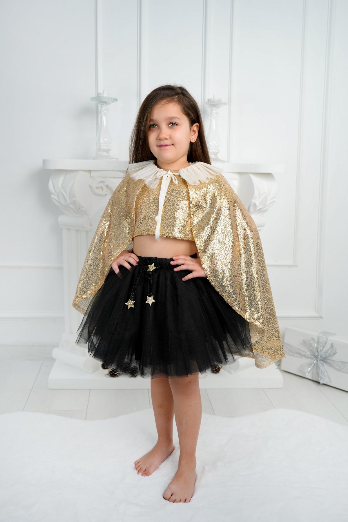 Kız Çocuk Parıltılı Pullu Crop,Kabarık Tütü Etek ve Pelerin Üçlü Set / Gold Siyah