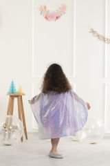Tül Yakalı Parıltılı Pullu Pelerin-Lila Renk / 3-10 Yaş
