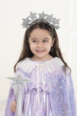 Kadife Kurdelalı İki Sıralı Kristal Yıldız Taç ve Asa- Gümüş Gri / 3-10 Yaş