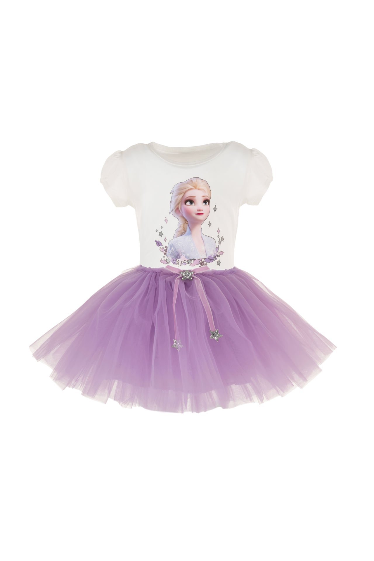 Elsa Frozen Baskılı Tişört Ve Tütü Etek İkili Takım-Beyaz Lila