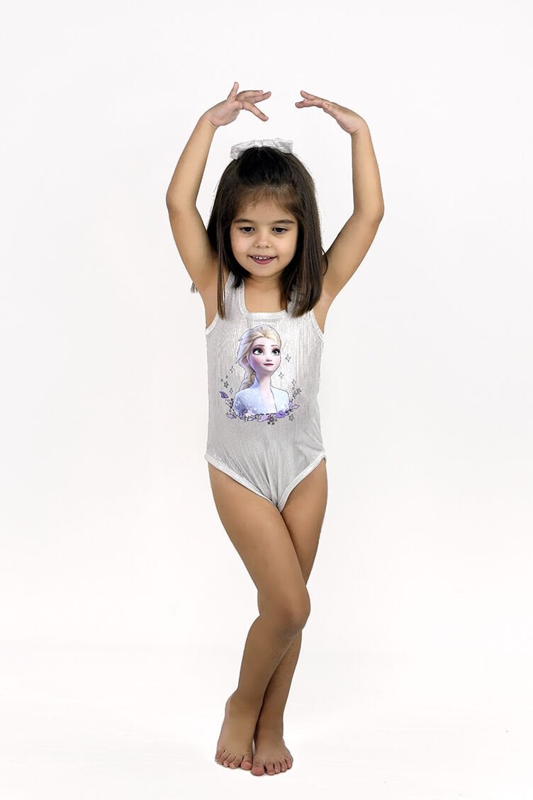 Elsa Baskılı Parıltılı Askılı Çıtçıtlı Kız Body&Mayo / Beyaz