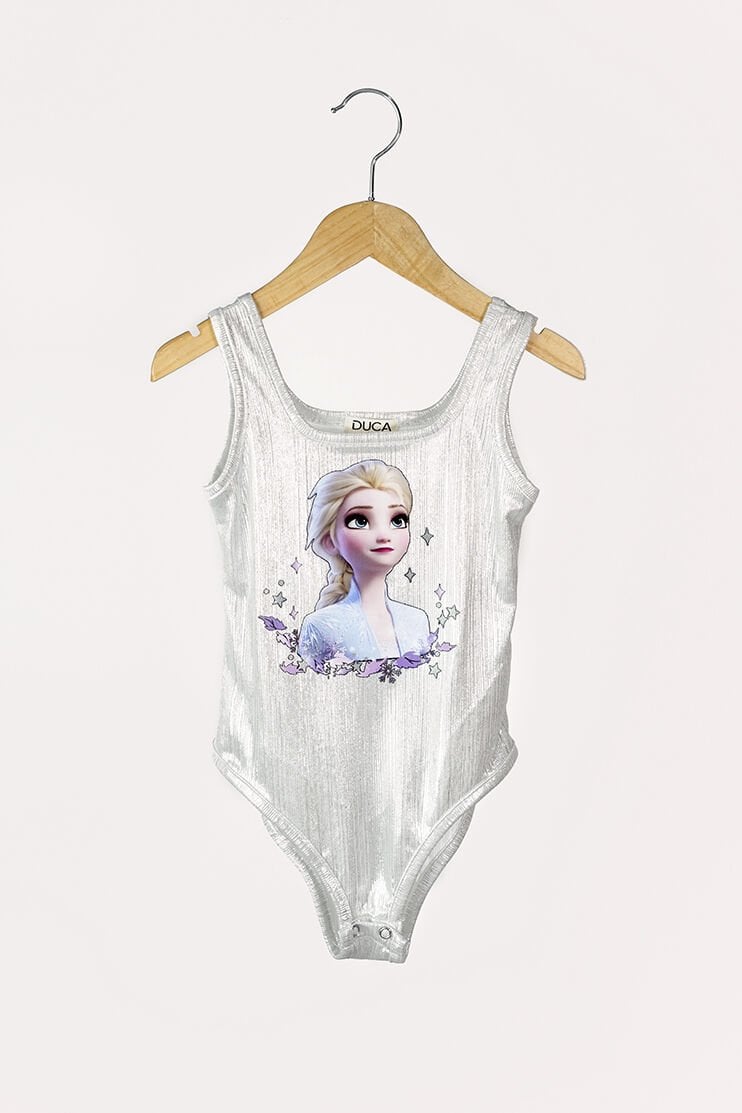 Elsa Baskılı Parıltılı Askılı Çıtçıtlı Kız Body&Mayo / Beyaz