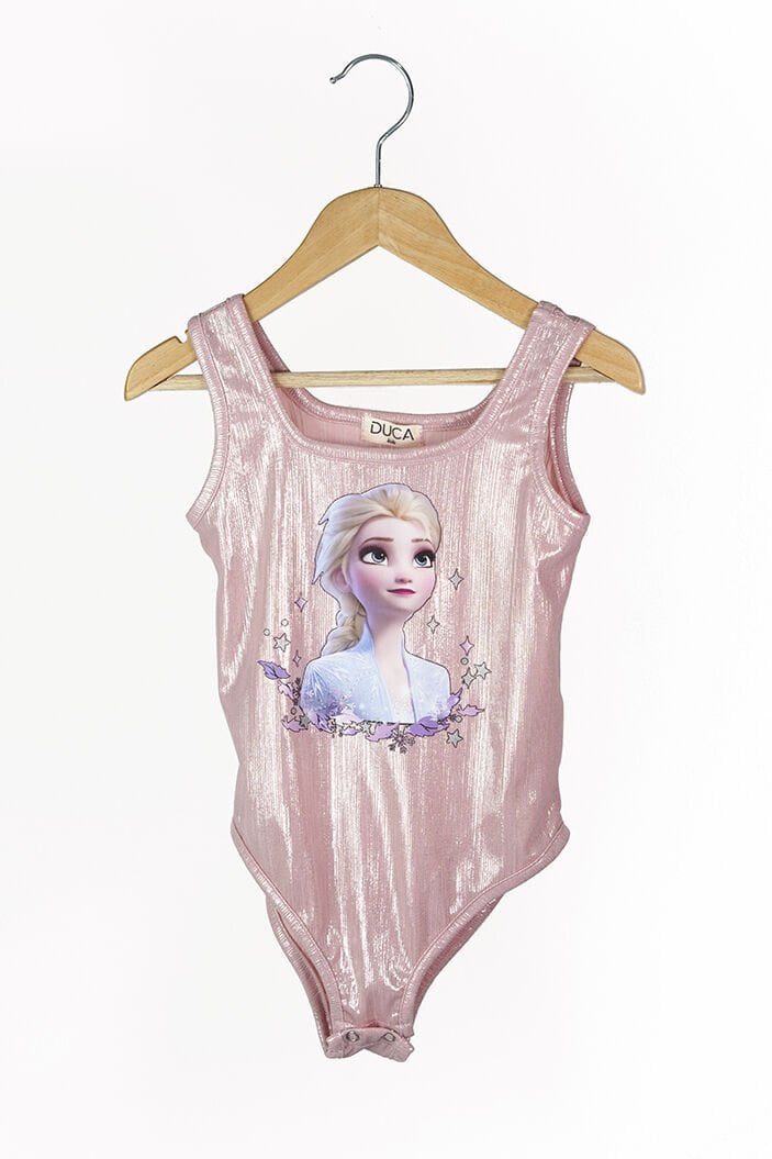 Elsa Baskılı Parıltılı Askılı Çıtçıtlı Kız Body&Mayo / Pembe
