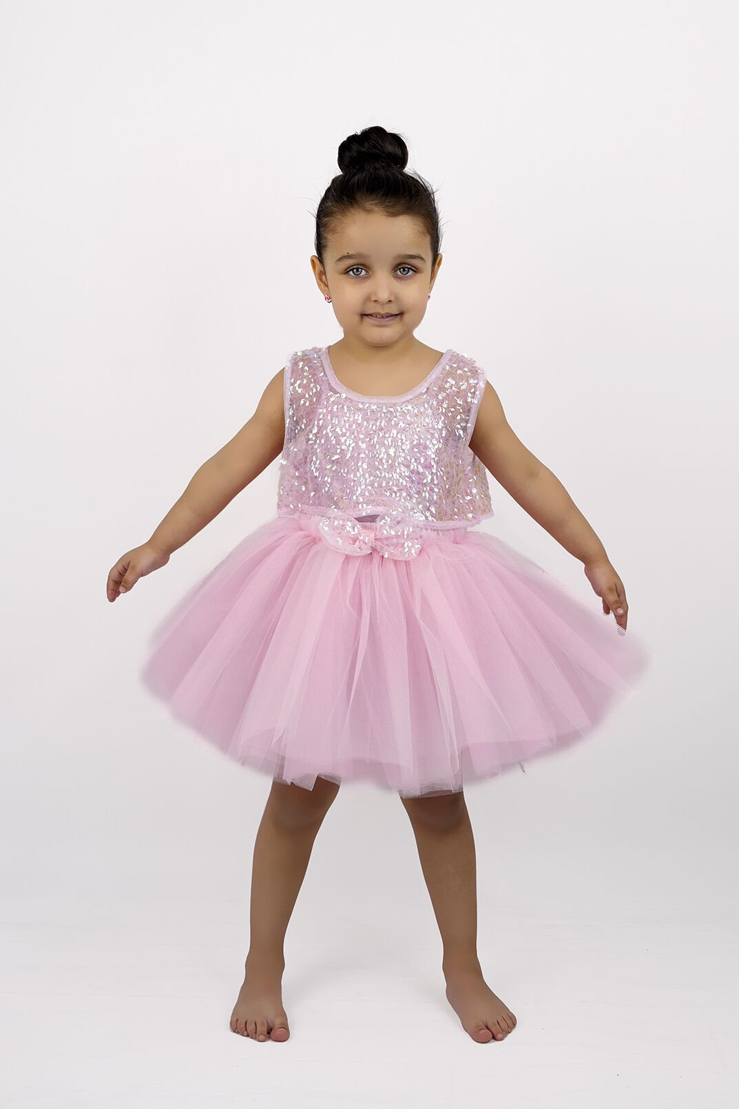 Parıltılı İp Askılı Çıtçıtlı Kız Body Kabarık Tütü Etek Pullu Tül Crop 3lü Set -Pembe