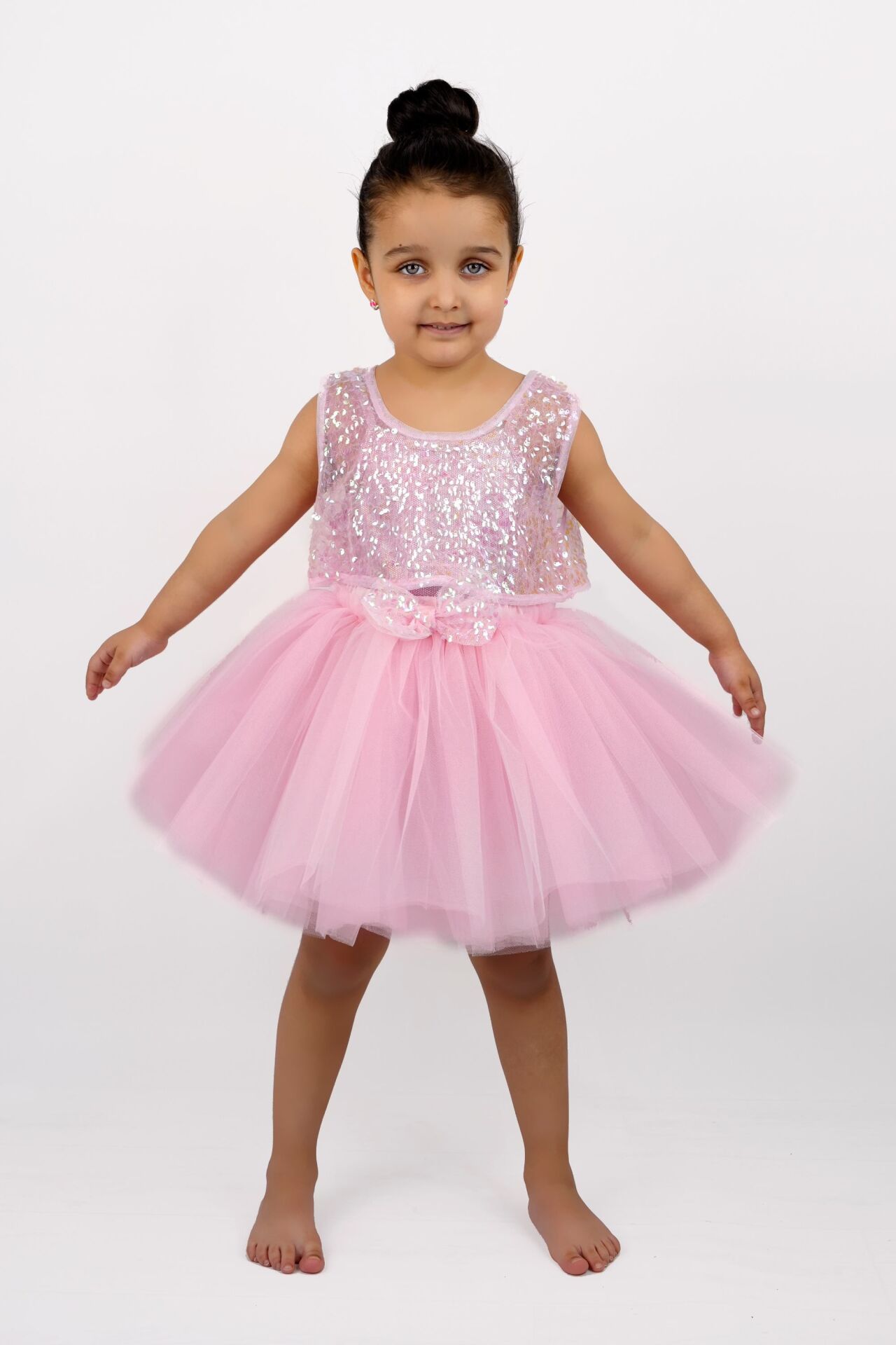 Parıltılı İp Askılı Çıtçıtlı Kız Body Kabarık Tütü Etek Pullu Tül Crop 3lü Set -Pembe