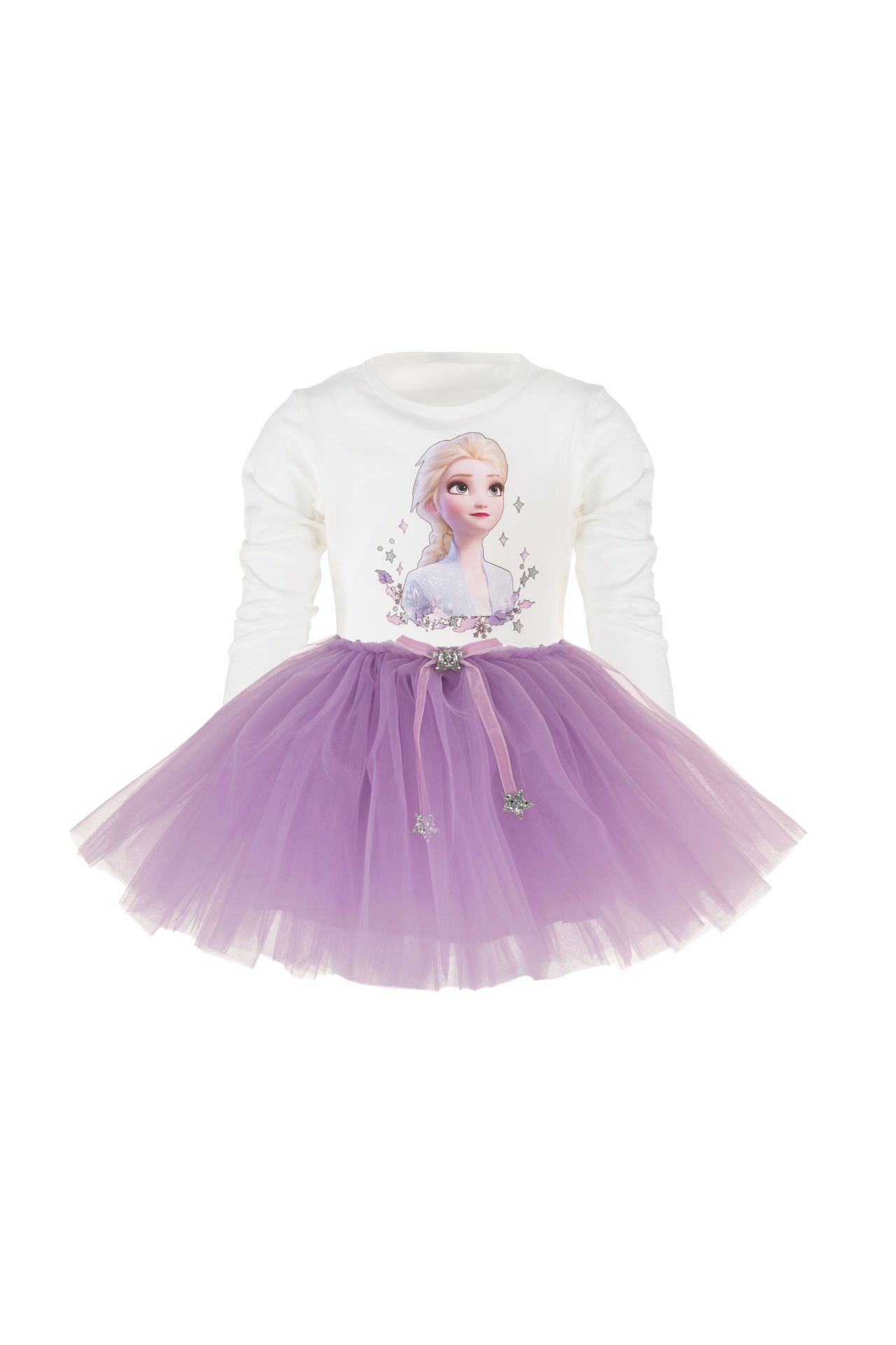 Elsa Frozen Baskılı Body Ve Kabarık Tütü Etek İkili Takım/Krem&Lila