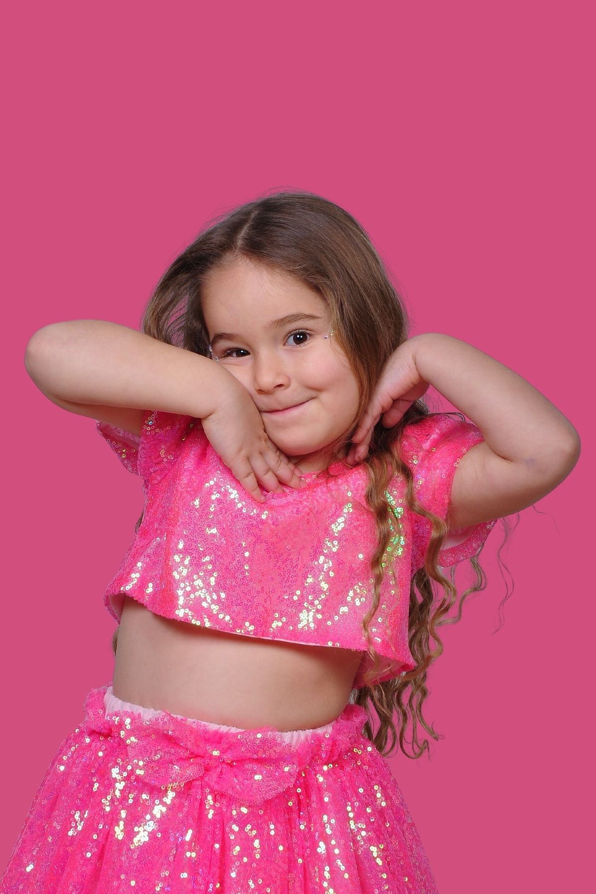 Kız Çocuk Parıltılı Pullu Crop – Pembe
