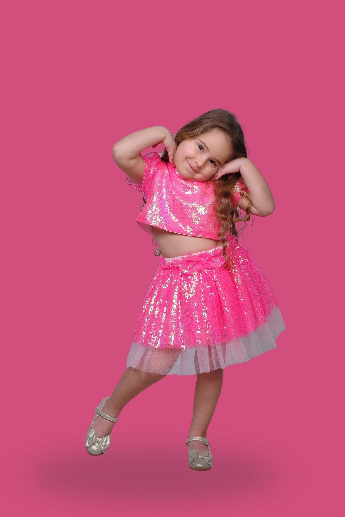 Kız Çocuk Parıltılı Pullu Crop ve Fiyonklu Pullu Etek Takım – Pembe