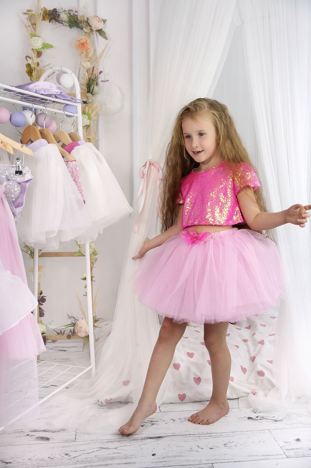Kız Çocuk Pullu Crop ve Fiyonklu Kabarık  Tütü Etek 2’li Takım – Pembe